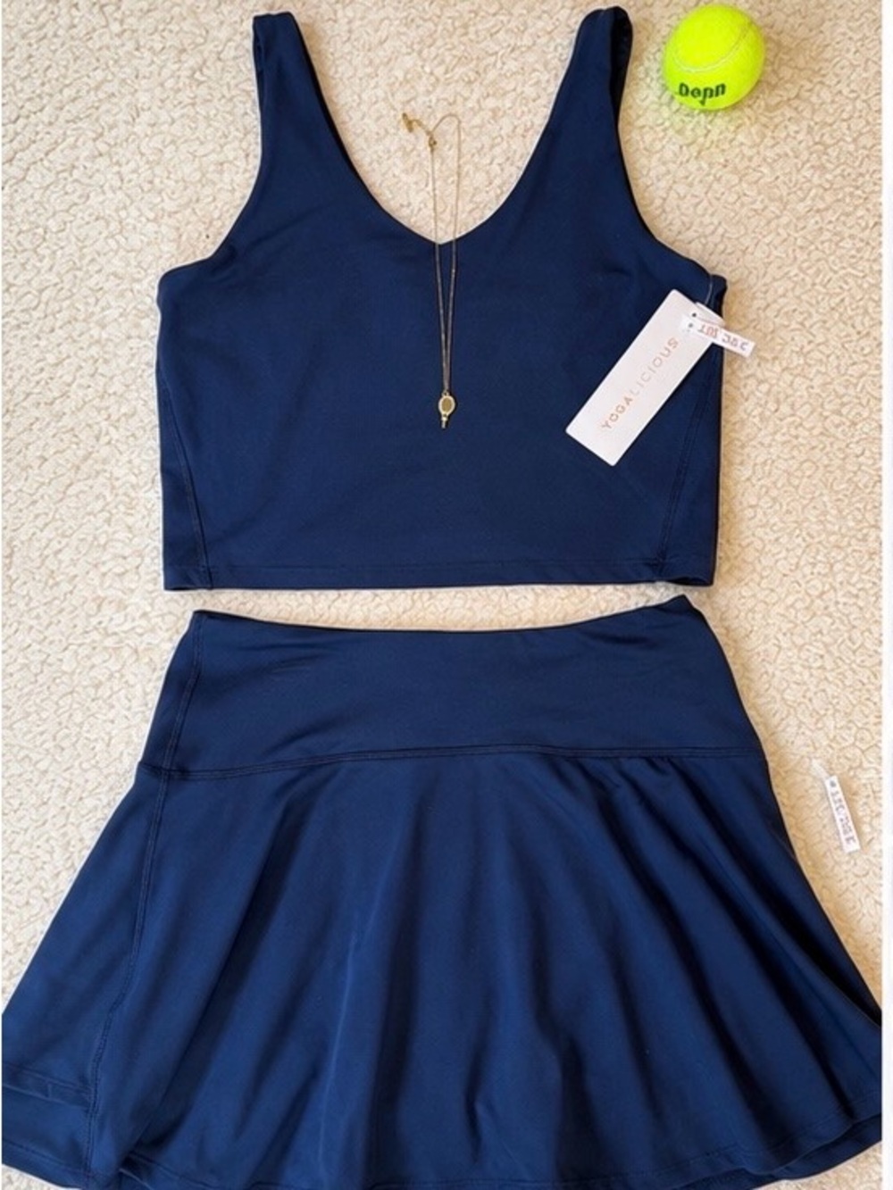 YOGALICIOUS Navy Blue Tennis & Yoga Set w/ Tennis Racket Necklace NWT Size M 💙🎾 - Picture 3 of 12